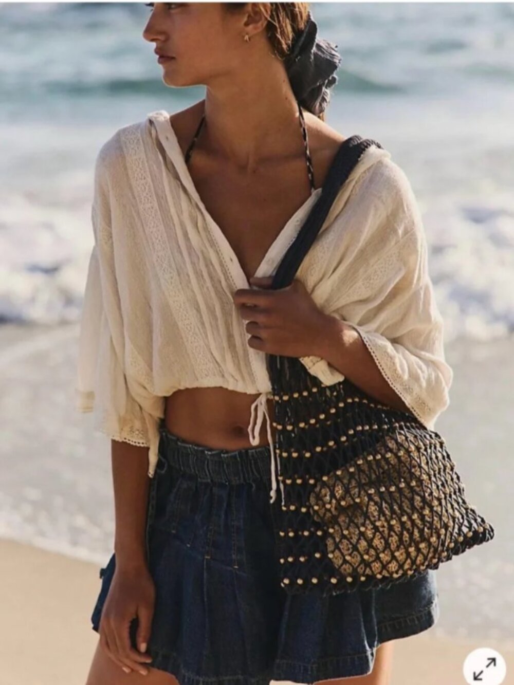 Free People Wishing Well Gold Beaded Net Dark Blue Shoulder Bag - NEW